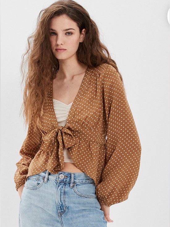 American Eagle Outfitters Tops - American Eagle Outfitters Silky Long Sleeve Tie-Front Brown Polkadot Top